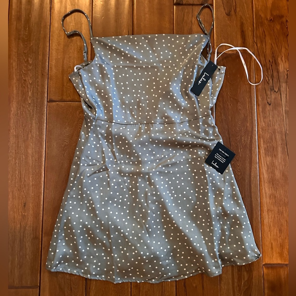 NWT  cowl neck Lulus grey polka dot mini dress